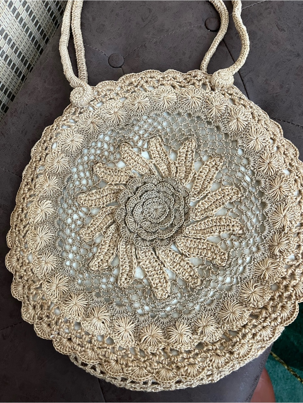 Knit Round Shoulder Bag with Floral Accent